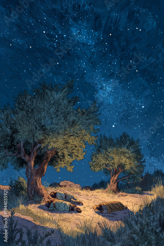 Apostles Sleeping in Gethsemane beneath starry night sky while Jesus prays alone during solemn Holy Thursday vigil