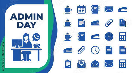 Administrative assistant icon set represents daily office tasks.