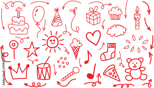 Collection of red hand drawn birthday doodles including cake balloon and party icons on a light cream background