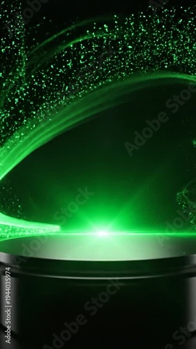A futuristic podium with swirling green energy particles in the background