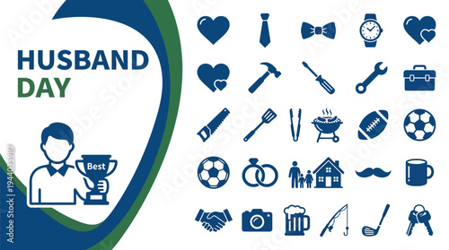 Husband day celebration graphic shows a man holding a trophy with related.