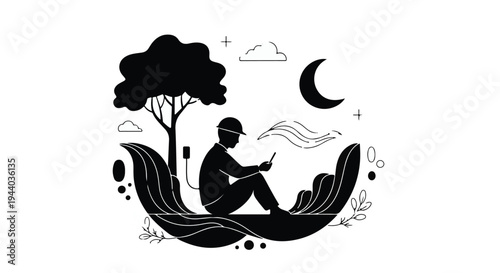 man sitting on crescent moon reading book under tree