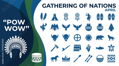 Native American Pow Wow icons represent cultural heritage and traditions for.