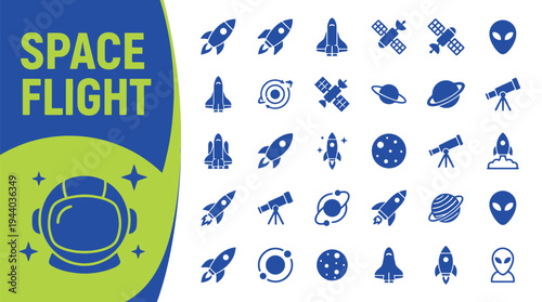 Space flight icon set displays rockets, planets, and astronaut helmet.