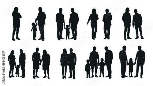 Collection of diverse human silhouettes including adults and children in various poses and combinations