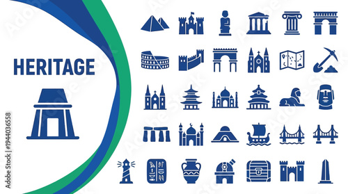 Heritage icons depict world famous landmarks representing human history.