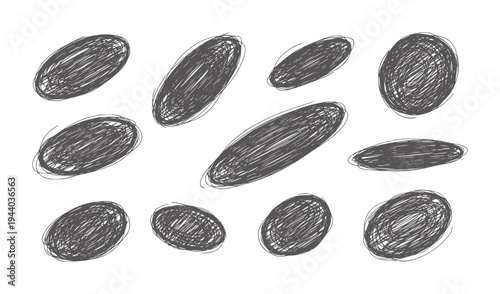 Collection of hand drawn grey oval shapes with scribbled texture