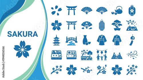 Sakura icons illustrate traditional Japanese culture and springtime beauty.