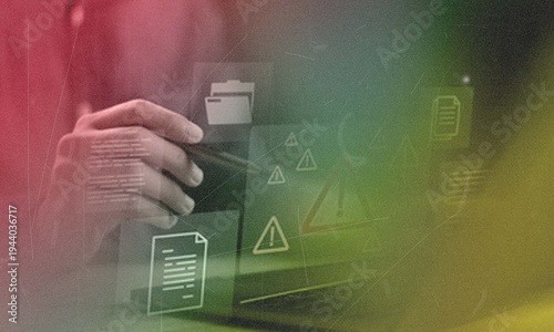 Person's hand using printer with digital interface and warning symbols, tech concept