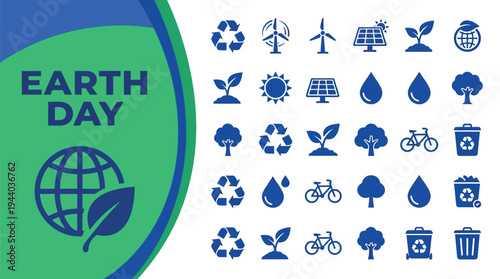 Earth Day graphic features numerous icons for recycling and renewable energy.