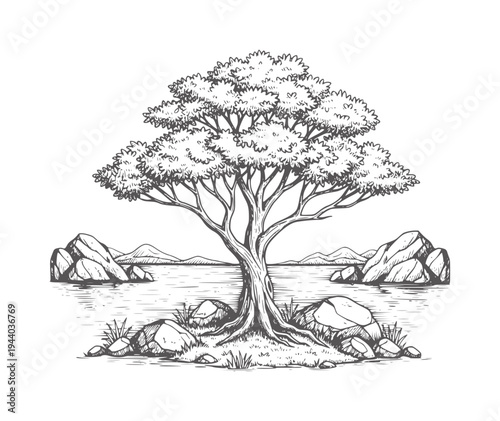 Ink of a solitary tree by a lake with rocky shores and distant mountains water rocks