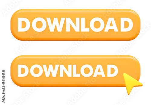 3d yellow download button click icon. Stock vector illustration on isolated background.