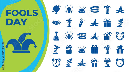 Jester hat and novelty items define a collection of symbols for April Fools.