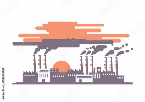 Industrial pollution with factories emitting smoke into the sky at sunset, symbolizing environmental concerns and the impact of industry on nature