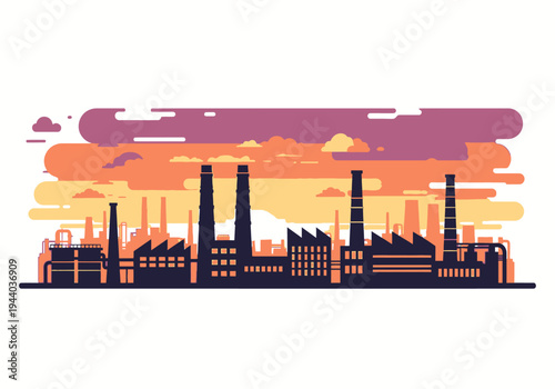 Industrial factory cityscape with smokestacks against a colorful twilight sky, representing industrial production and urban development