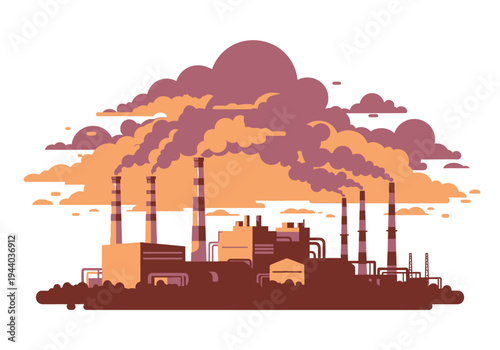 Industrial factory with smoking chimneys, representing manufacturing, production, and environmental pollution in a stylized illustration