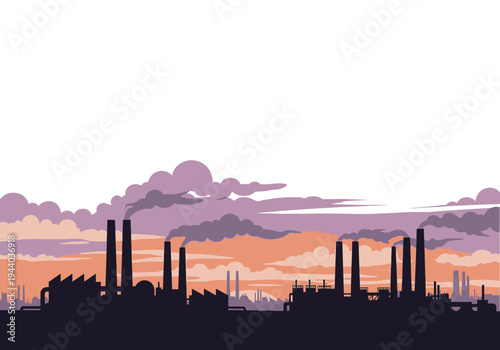 Silhouette of industrial factories with smoke billowing into the sky during sunset, representing industry and pollution