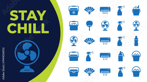 Assortment of cooling and climate control icons provides relief for hot.