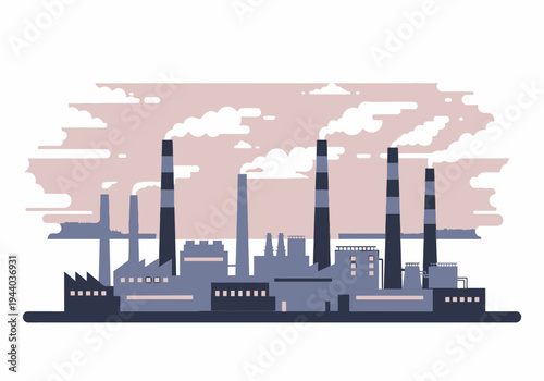 Industrial factory with smokestacks emitting smoke against a muted sky, representing pollution and manufacturing