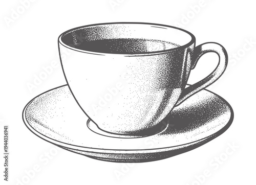 Stippled coffee cup and saucer filled with dark liquid drink beverage