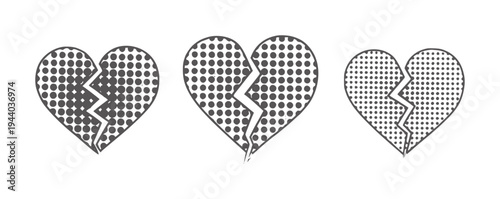 Three grey broken heart with dot patterns love separation divorce
