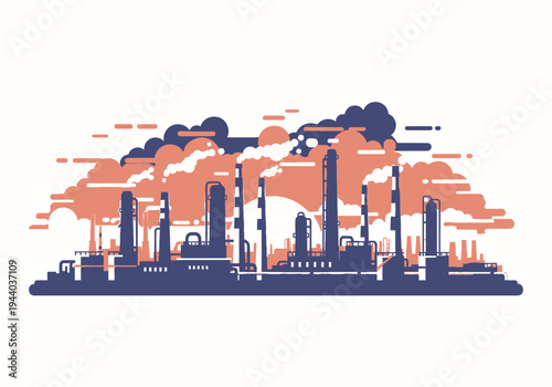 Industrial landscape illustration with smoke stacks emitting pollution into the atmosphere