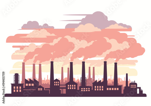 Industrial factory with smoke stacks emitting pink and purple clouds under a cloudy sky