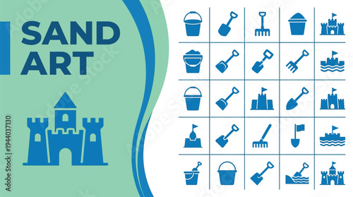 Sand art icon set displays buckets, shovels, rakes, and various beach castle.
