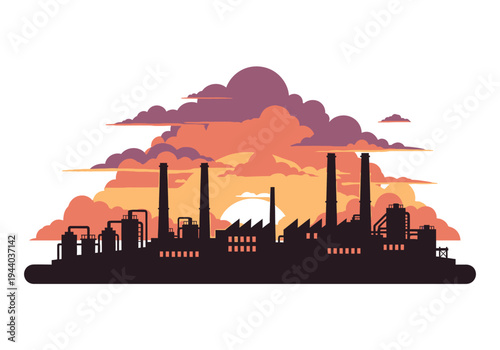 Industrial factory silhouette with smokestacks against a dramatic sunset sky, symbolizing industry and production