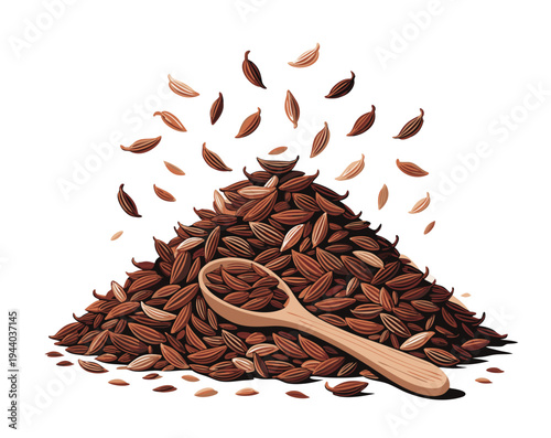 Zira seeds pile with scattered seeds and wooden spoon