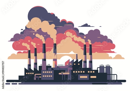 Industrial factory emitting smoke into the atmosphere, concept of pollution and environmental impact