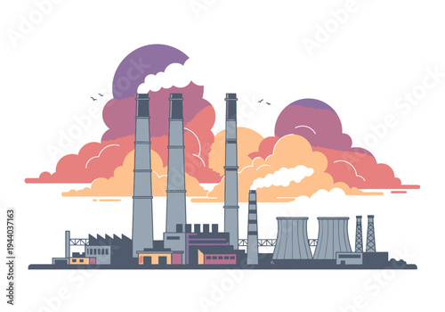 Illustration of an industrial factory complex with tall smokestacks emitting plumes of smoke into a colorful sky with clouds