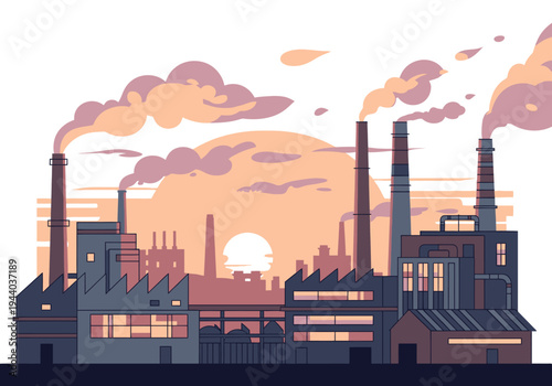 Illustration of industrial factories with smokestacks emitting smoke at sunset, symbolizing industry and pollution