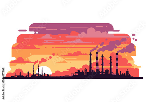 Industrial factory chimneys emitting smoke against a vibrant sunset sky, representing pollution and environmental impact