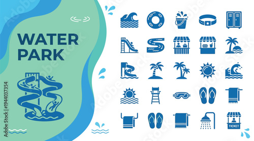 Water park icons depict various recreational attractions and summer vacation.