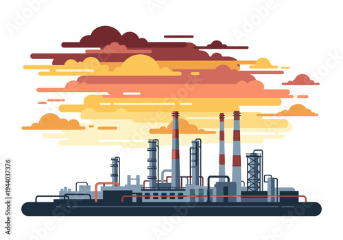 Industrial complex with smokestacks and pipes against a dramatic cloudy sky, representing manufacturing and production processes