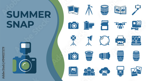 Summer snap photography icon set features cameras, lenses, flashes,.
