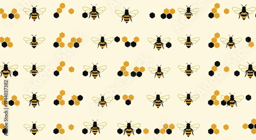 Bee Pattern Background: A charming, repeating pattern of stylized bees and clusters of black and gold dots on a light yellow, subtly textured background, creating a whimsical and organic visual.