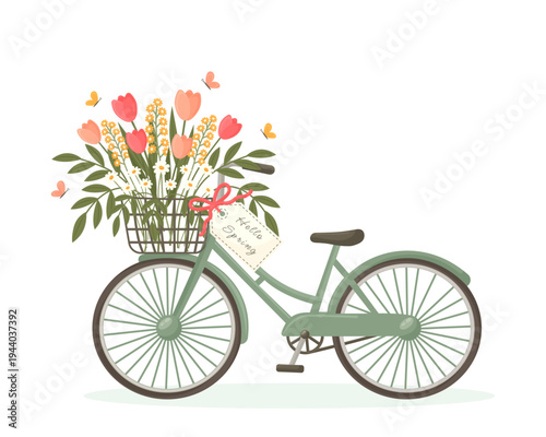 Vintage bicycle with spring flower bouquet in basket vector illustration.