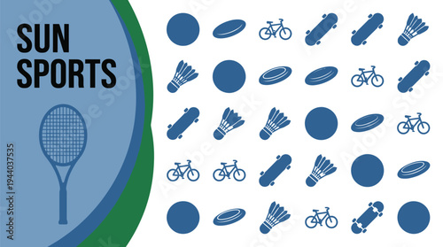 Sun sports icons showcase various equipment used for outdoor recreational.