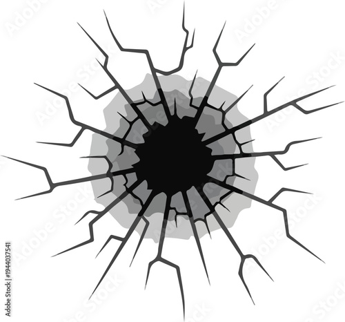 Exploded graphic depicting a hole with radiating cracks and shadows on a white background