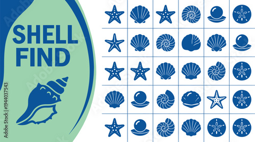Seashell find icons present a grid of marine objects for beachcombing.