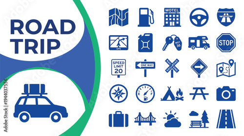 Road trip icons depict essential elements for automobile travel.