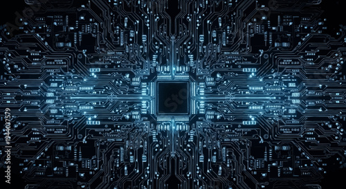 Abstract glowing blue circuit board with central processor.