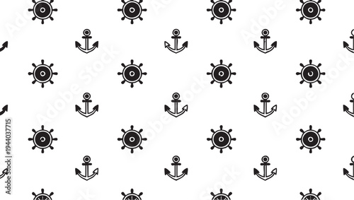 Nautical pattern vector: anchor and ship wheel seamless background eps silhouette