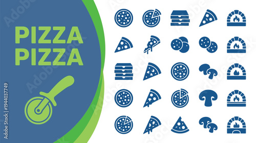 Pizza pizza icons showcase slices, whole pies, toppings, and an oven for.