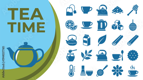 Tea time icon collection features kettles, cups, sweeteners, and related.