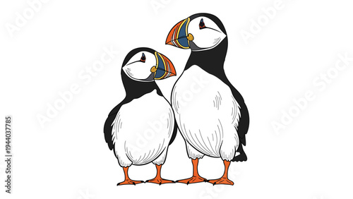 Puffin Pair: Two vibrant puffins stand closely, showcasing their unique multi-colored beaks and striking plumage, a testament to nature's artistry.