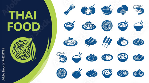 Thai food icons set displays various popular dishes and ingredients clearly.