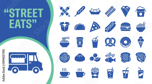 Street food icons display popular takeaway items for restaurant branding.